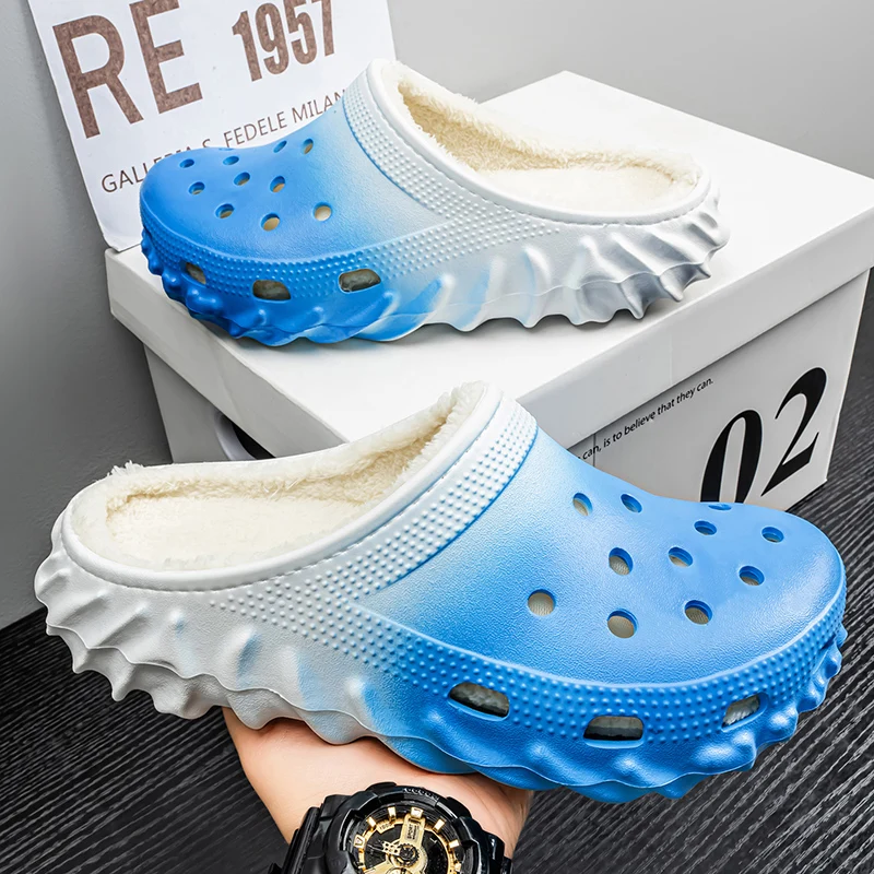 Winter Comfort Fur-Lined Gradient Color Clogs Slip-On Indoor Outdoor Garden Shoes Rubber Sole Warm Backless Slippers for Men