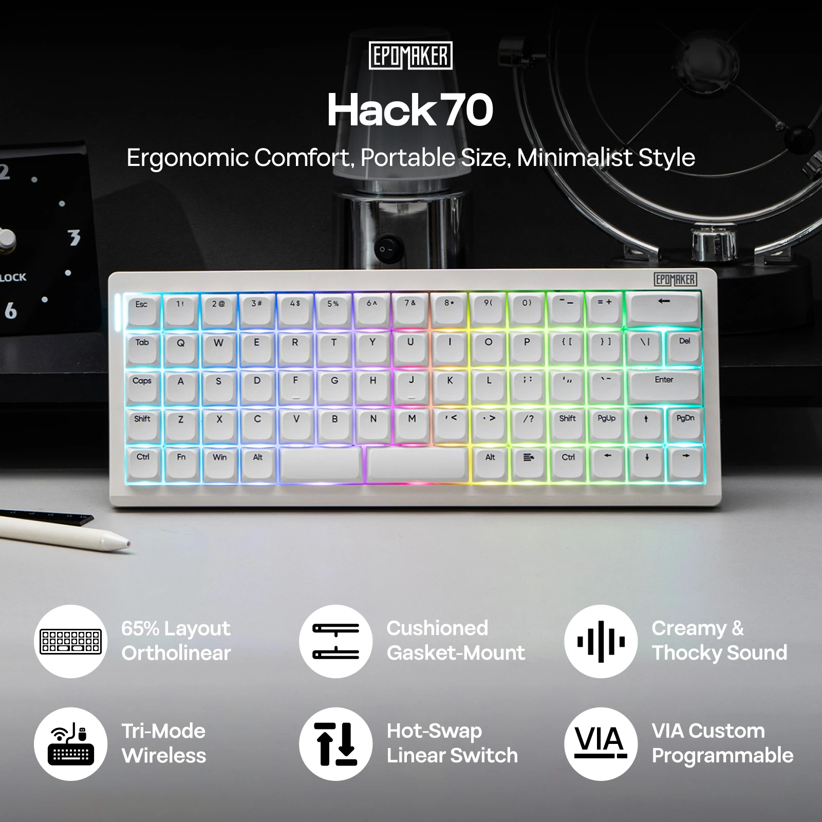 EPOMAKER Hack70 65% ANSI US Ortholinear Layout Wired/BT/2.4Ghz Wireless Planck Mechanical Keyboard with VIA Custom for Mac/WIN