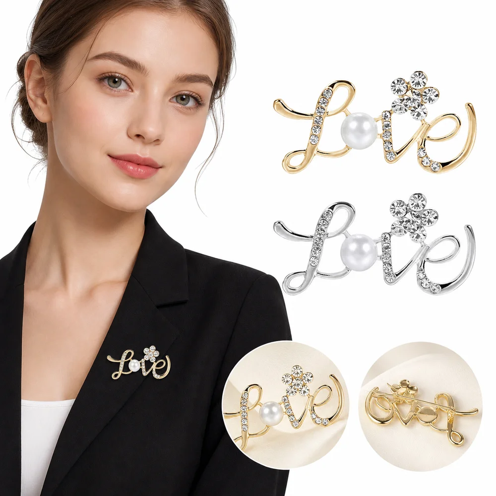 New Faux Pearl Love Letter Brooch Rhinestone Decorative Cardigan Clip Safety Pin Back Sparkling Brooch Pins Coats Jackets Hats