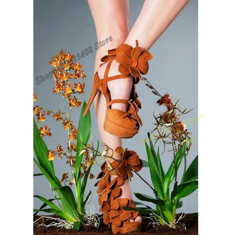 Sandalias de plataforma con decoración de flores rojas rosas Para mujer, Zapatos de tacón alto de aguja con punta abierta de gamuza, Sexy, a la moda, novedad de 2023