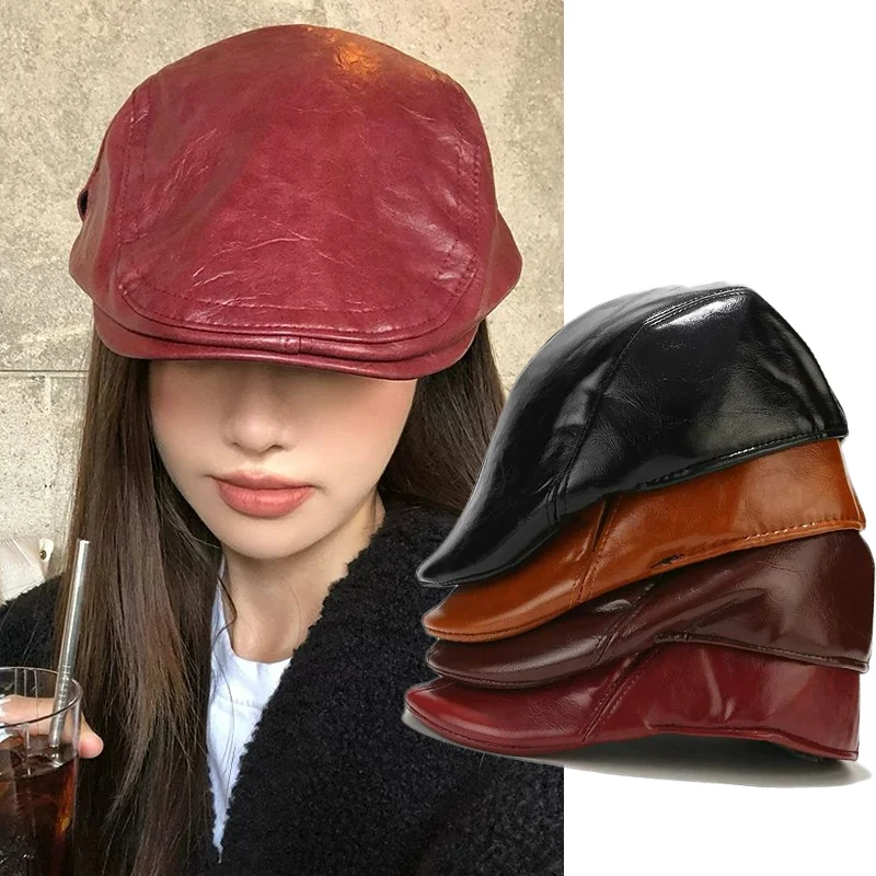 Fall Winter Women Beret Pu Leather Peaked Forward Cap Fashion Beret Hat PU Leather Warm Brim Flat Cap British Painter Hat
