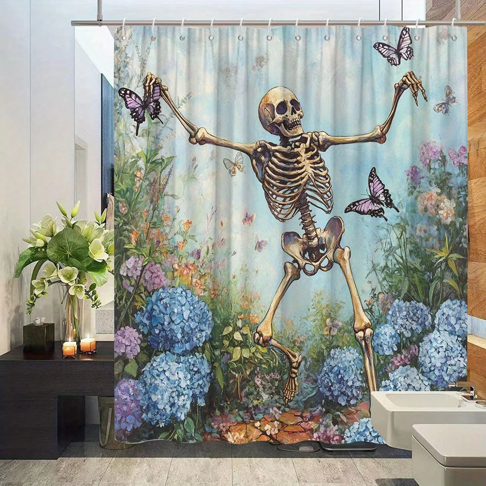 ハロウィン スケルトン & バタフライ シャワーカーテン - 油絵風、自然風景、ポリエステル製バスルーム装飾、フック12個