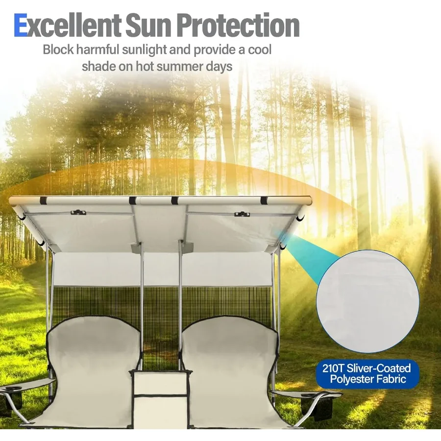 كرسي تخييم مزدوج محمول مع مظلة للبالغين: كرسي شاطئ قابل للطي عالي التحمل يتميز بحقيبة تبريد مدمجة مثالية f