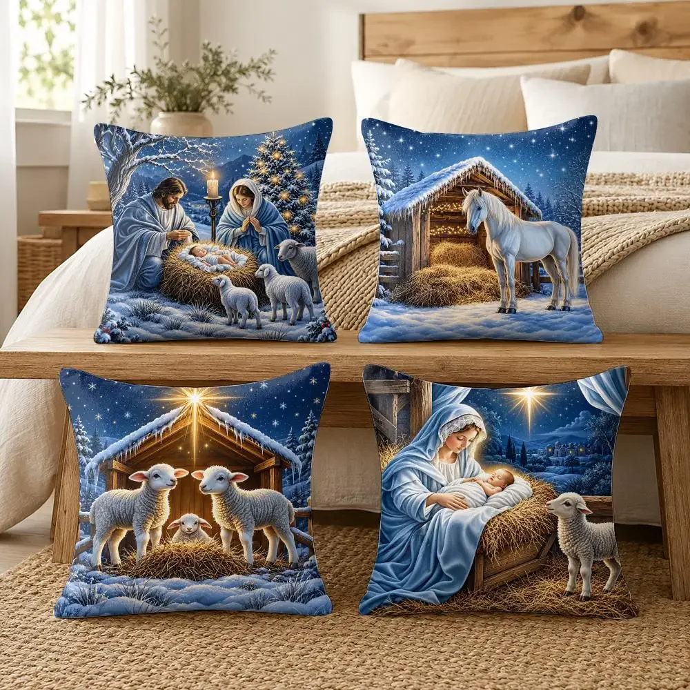 Nativity Winter Scene Cushion Cover Silky Short Plush Invisible Zipper Dustproof Sofa Pillow Case For Home Decor