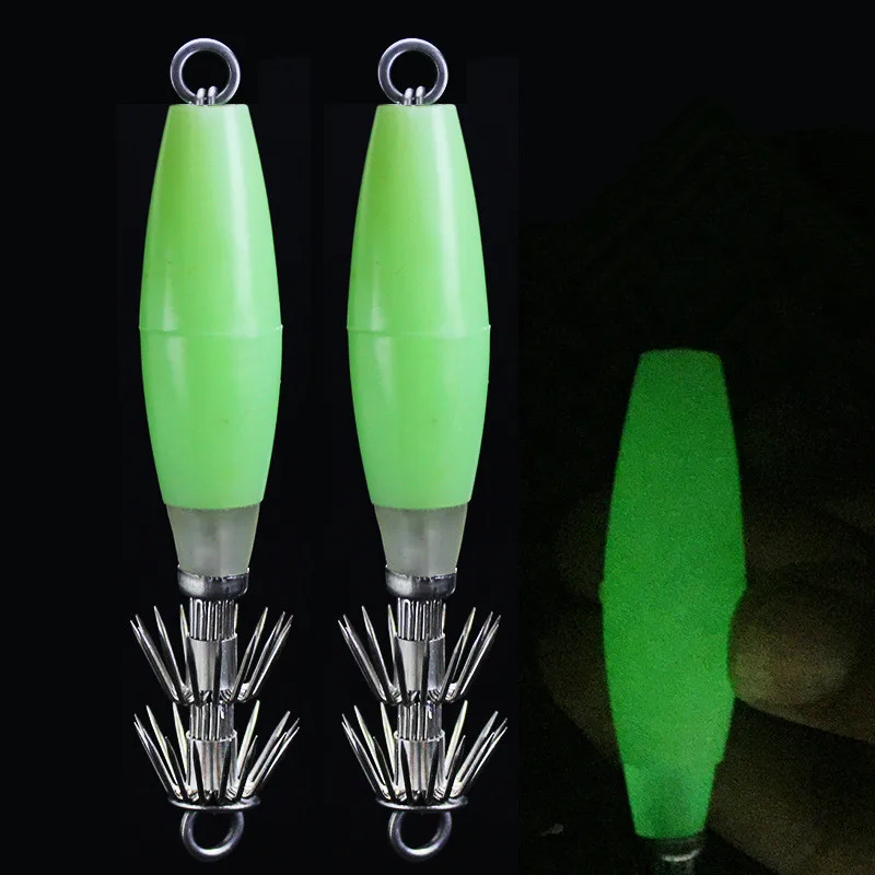 Glow Squid Hook 10cm/14g Double Layer Squid Unbrella Jig Pipe Hooks Artificial Night Fishing Lures Lot 2 Pieces