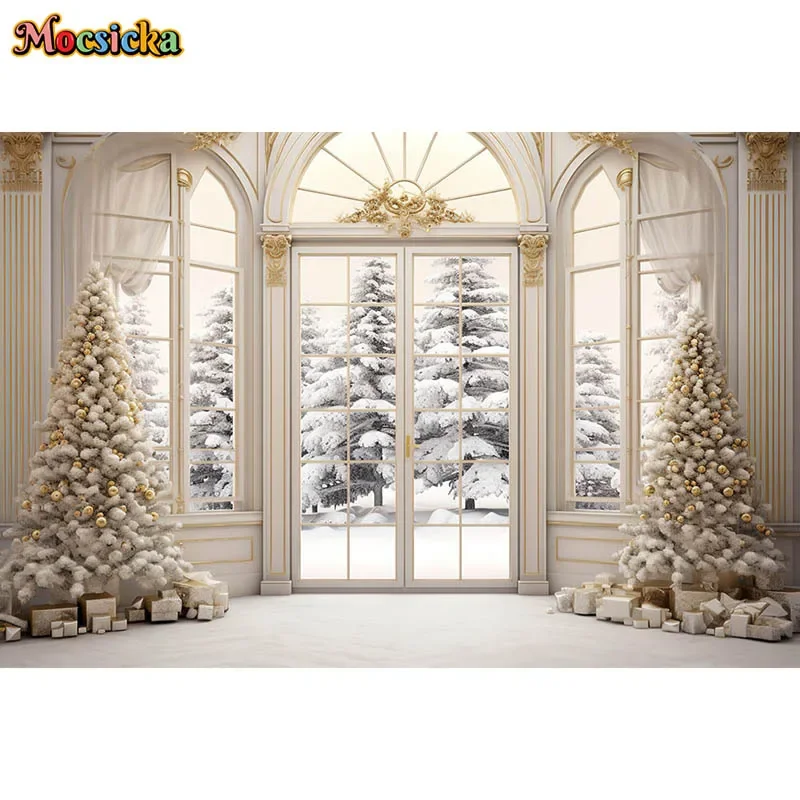 Winter Christmas Window Family Portrait Backdrops Photography Golden Palace French Window Xmas Tree Gift Kids Photo Background