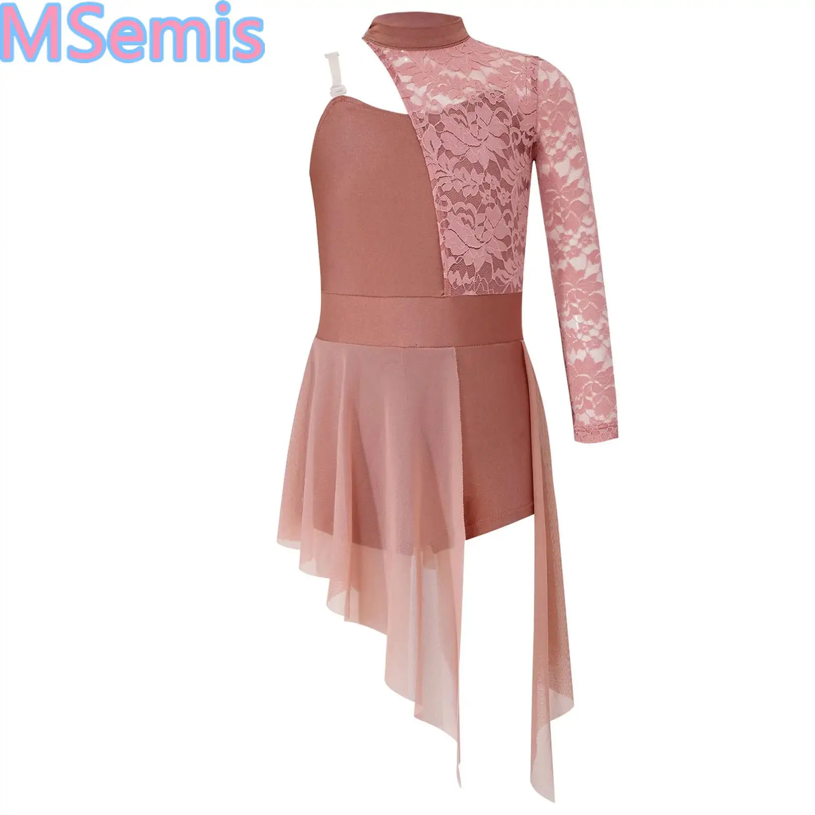 

Kids Girls Lyrical Ballet Dress Half Floral Lace Bodice Asymmetrical Hem Boyshorts One-Piece Jumpsuit