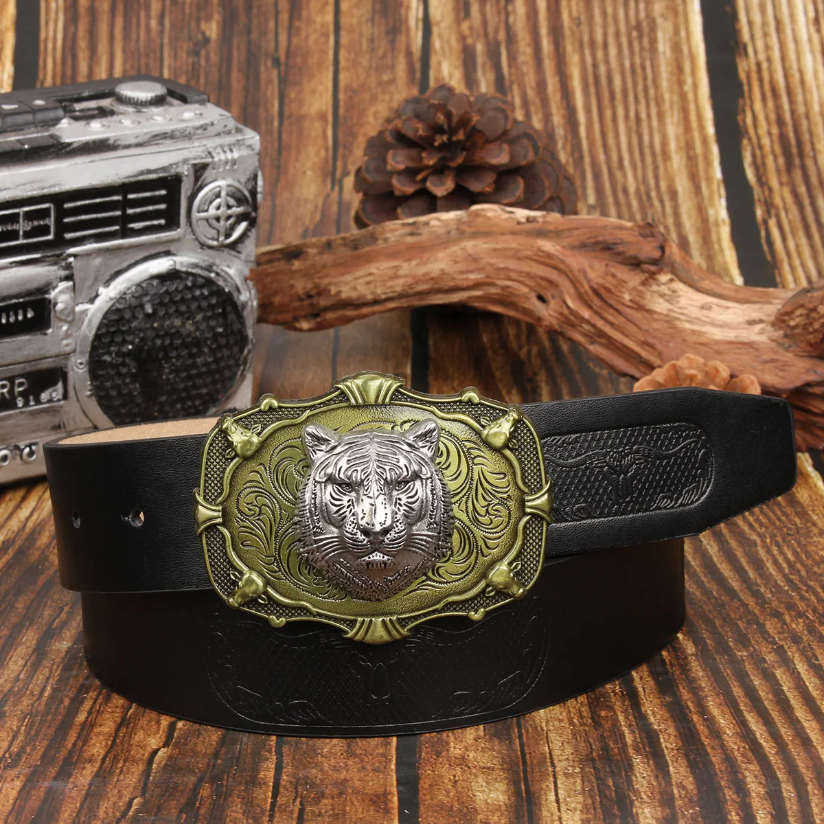 メンズ・レディースのカジュアルレトロベルト、ウエスタンスタイル！ タイガーヘッドメタルバックル付きPUベルト、日常の作業着に最適