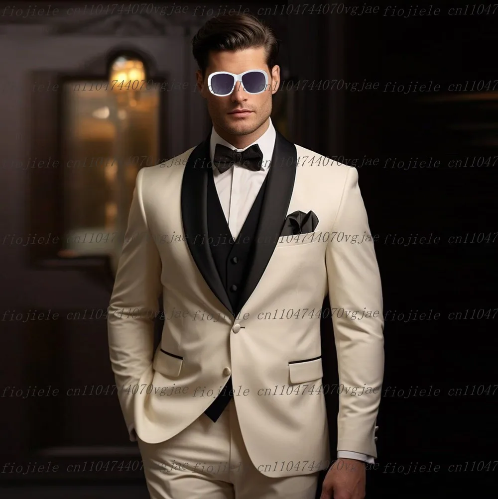 جديد العاج والأسود الرجال دعوى حفل زفاف رسمي العريس الأعمال الذكور البدلات الرسمية مخصصة 3 قطعة مجموعة سترة سترة السراويل