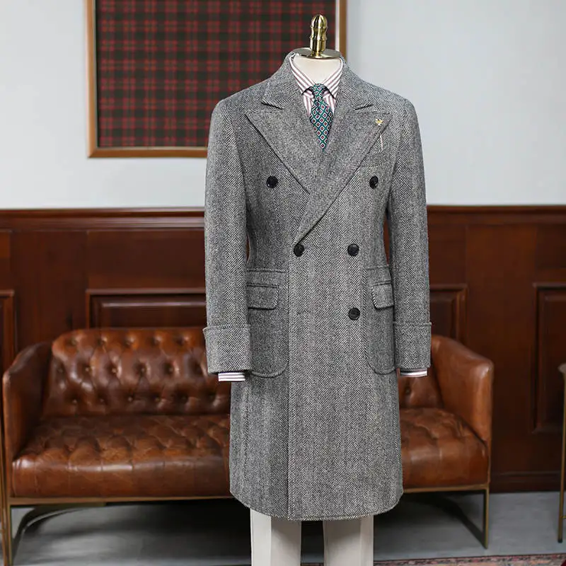 Business One Piece For Men Long Coat Herringbone Double Breasted Warm Windproof Overcoat Classic Customized Blazer