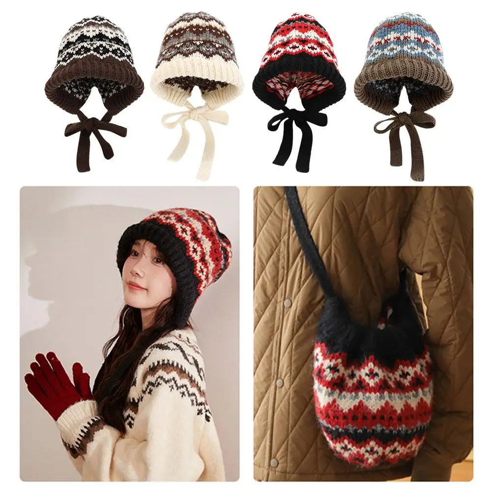 Women Ethnic Style Striped Spliced Knitted Woolen Hat For Autumn And Winter Thickened Warm And Cold Resistant Ear Protection