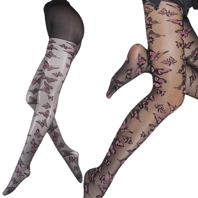 Girls Y2K Butterfly Embroidery BLK Sheer Tights Delicate Sheer 20 Den Patterned Women's Pantyhose S/M