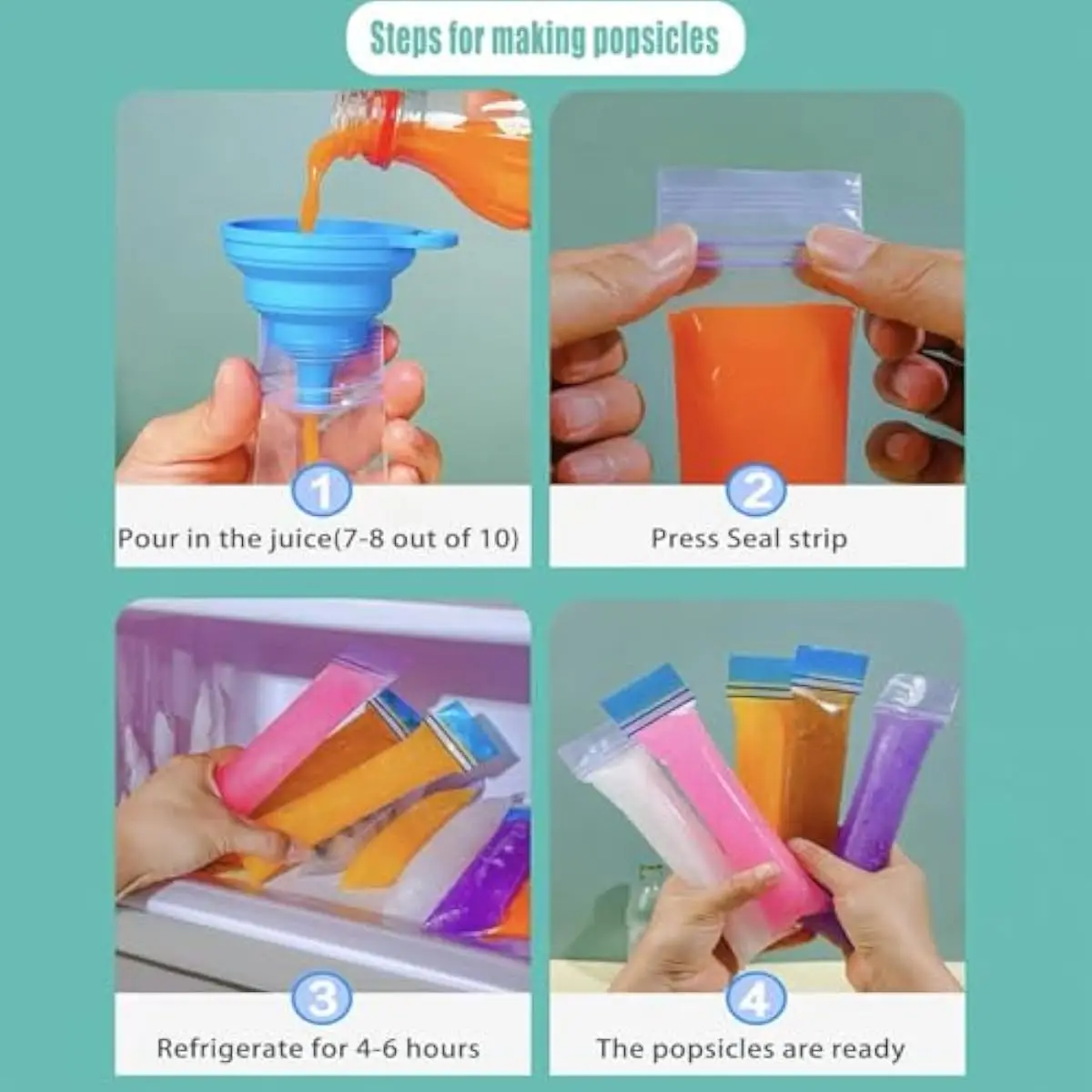 200 Popsicle Mold Bags, Double Zip Seal, BPA-Free & Thickened, with 1 Silicone Funnel for DIY Ice Pops, Yogurt, Fruit Popsicles