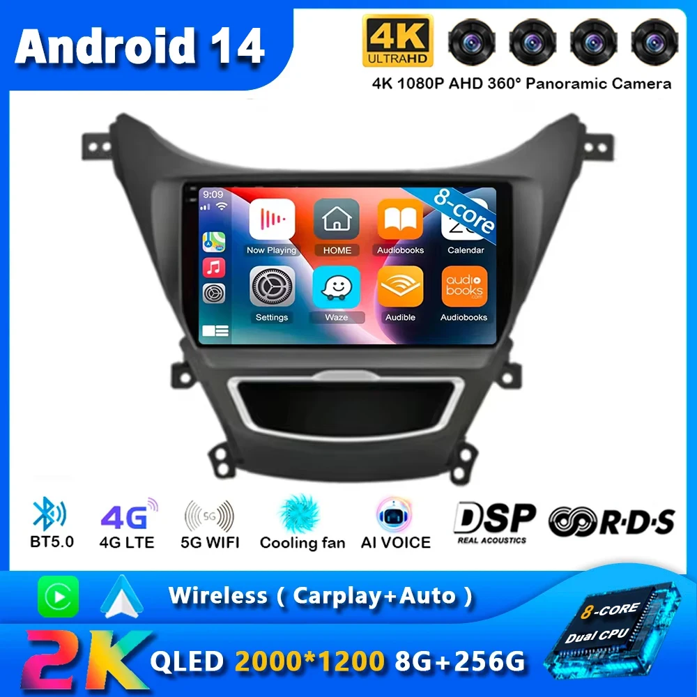 

For Hyundai Elantra Avante I35 2011-2016 Car Multimedia Player 2din GPS Navigaion CarPlay Android 14 Car Radio Multimedia Player