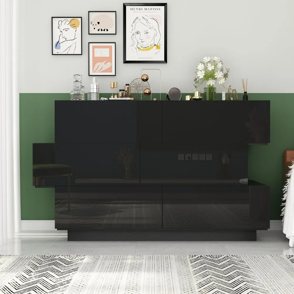 Contemporary Wood Dresser with 6 Drawers, Sleek Design and Glossy Finish for Bedroom Storage