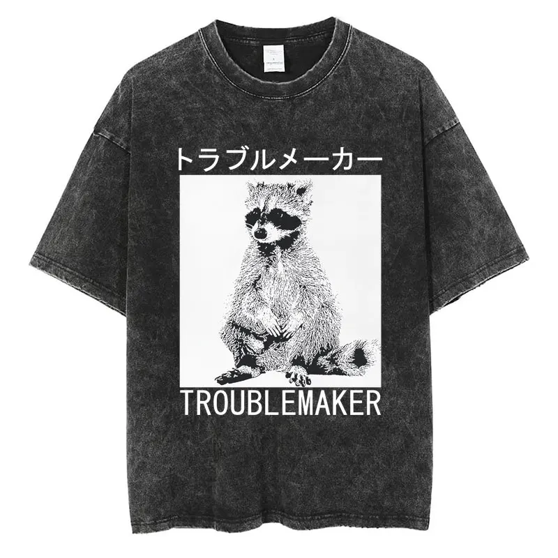 Live Fast Eat Trash Raccoon Funny Washed T Shirt Japanese Style Retro Popular T-Shirt Loose Cotton Casual Harajuku Short Sleeve