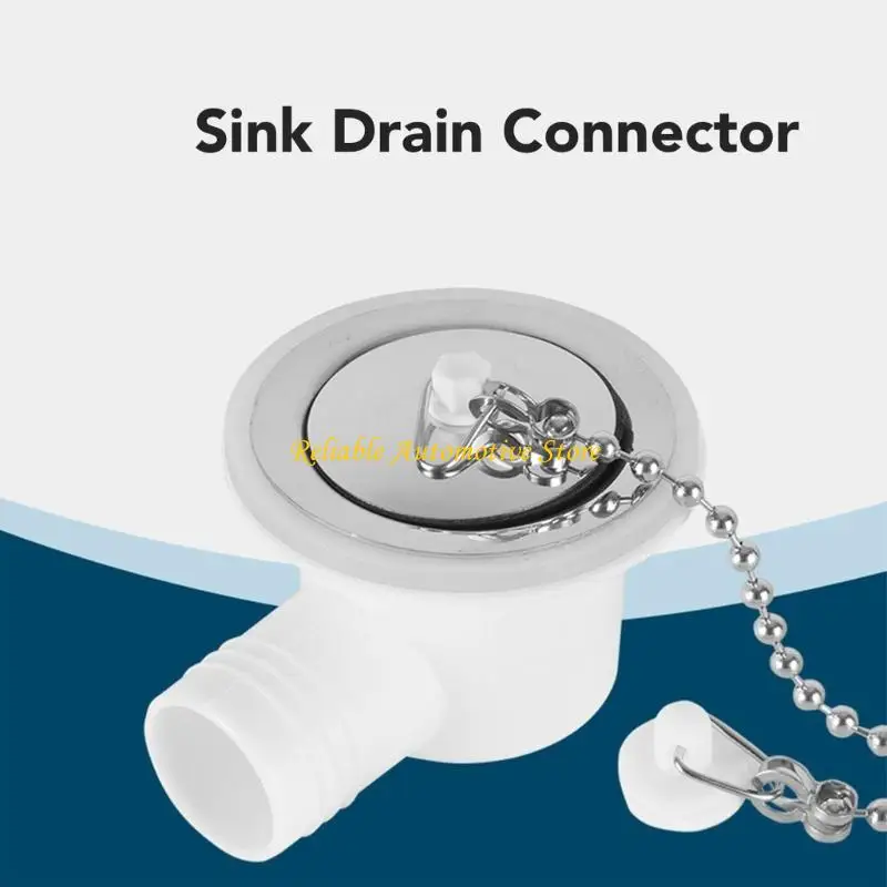 M68B Boat Trailer Sink Drain Assembly Replacement, Angled Outlet Drain Set with Stainless Trim, Plastic Body and Cap Chain for