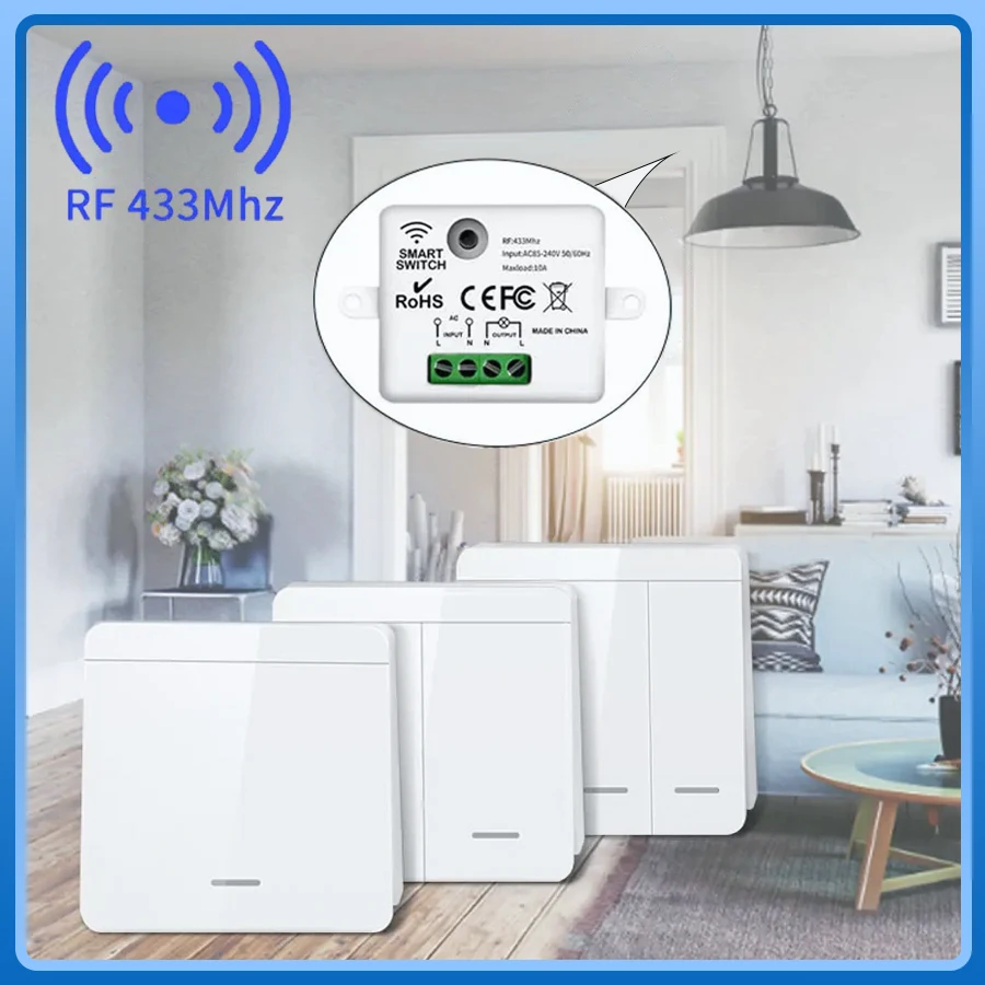 1/2/3 Gang RF 433Mhz Wireless Light Switch Interruptor Wall Remote Control Relay Receiver 10A For Lamp LED Light Bulb AC85-240V