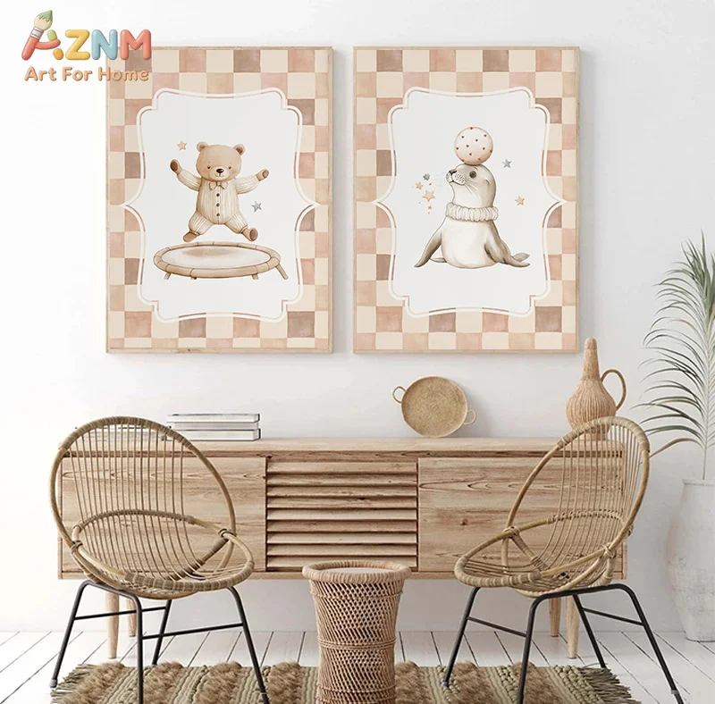 AZNM Boho Checkered Watercolor Animal Canvas Wall Art Bear Fox Rabbit Elephant Hot Air Balloon Unframed Print Neutral Baby Nurse