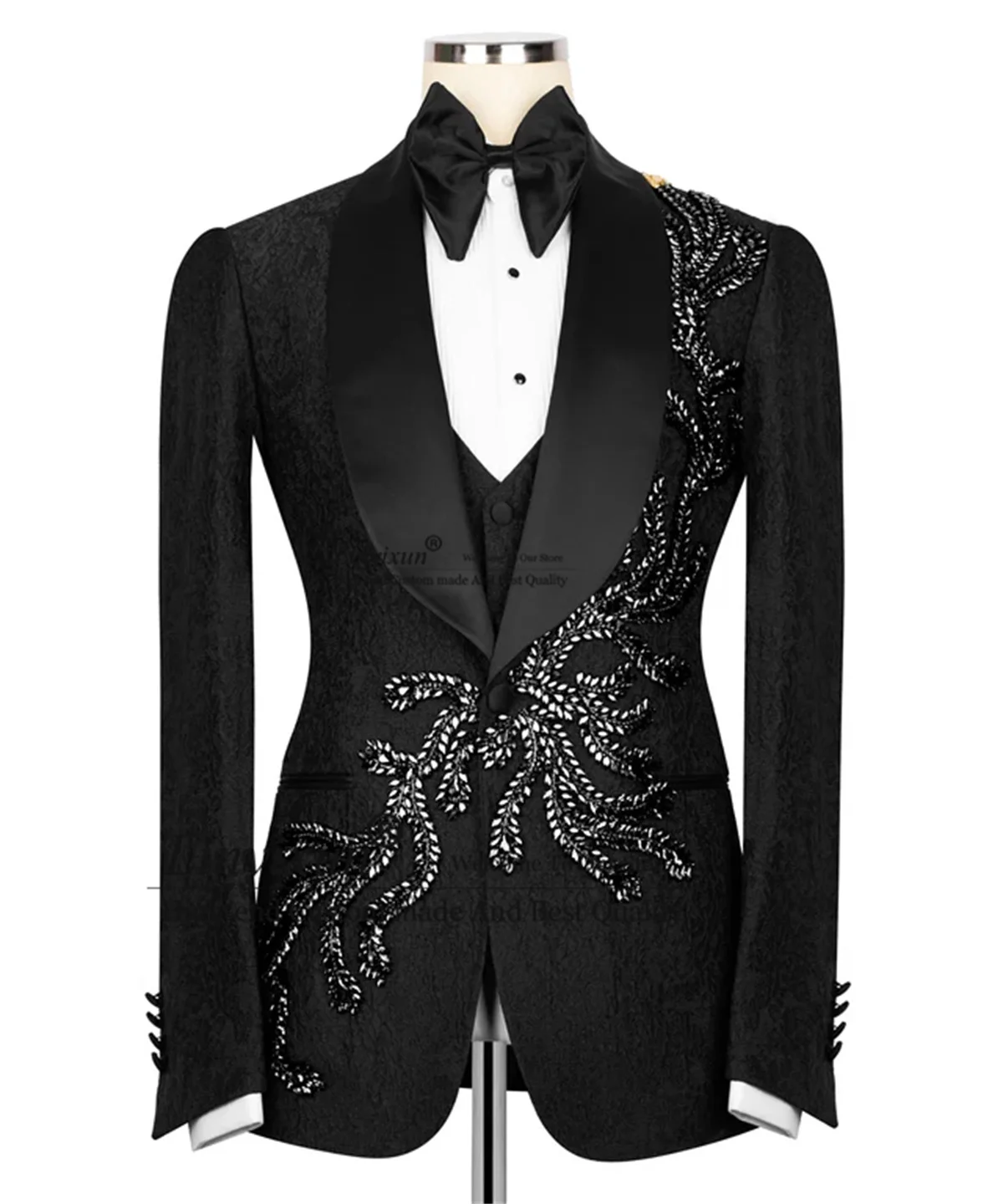 

Handsome Slim Fit Men Suits 3 Pieces Sets Groom Male Blazers Rhinestones Beaded Customized Ropa Wedding Slim Fit Party Tuxedos