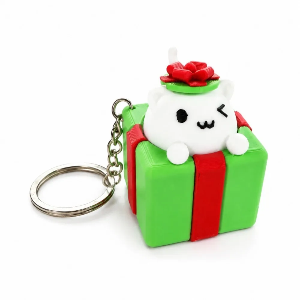3D Printed Christmas Clicker Keychain Gift Box Shape Cute Button Press Key Ring Cat Kawaii Style Fidget Bag Cat Keychain