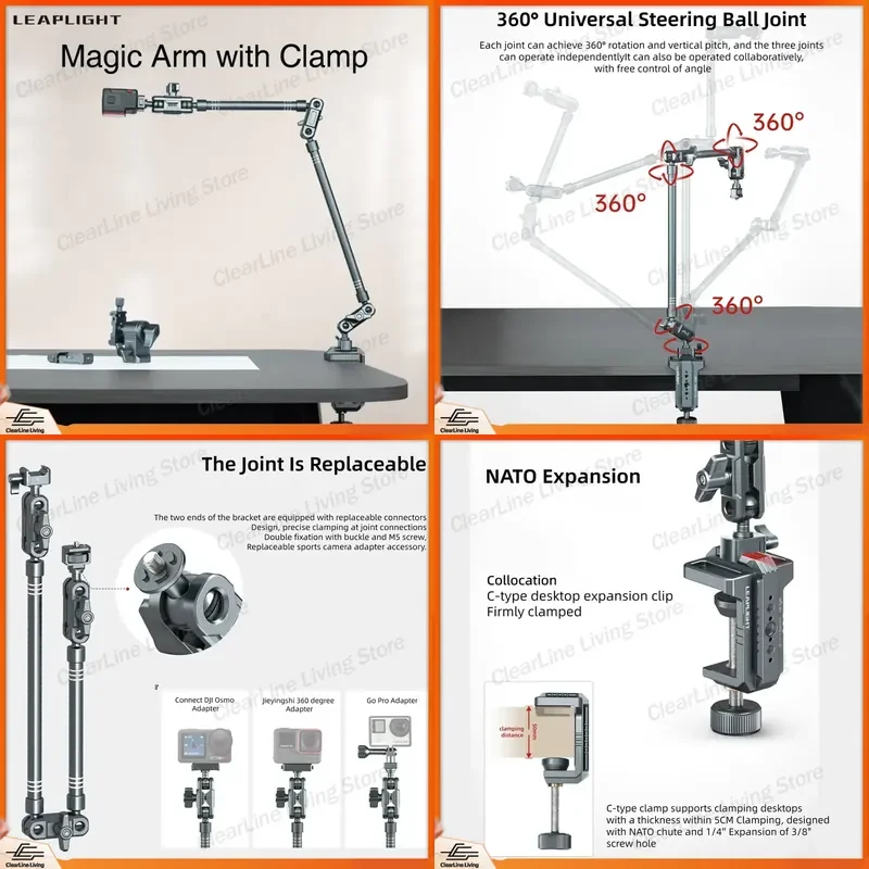 for LEAPLIGHT Magic Arm W Clamp Overhead Articulating Friction Desk Camera Mount Boom Arm for DSLR Webcam Mic Light Action
