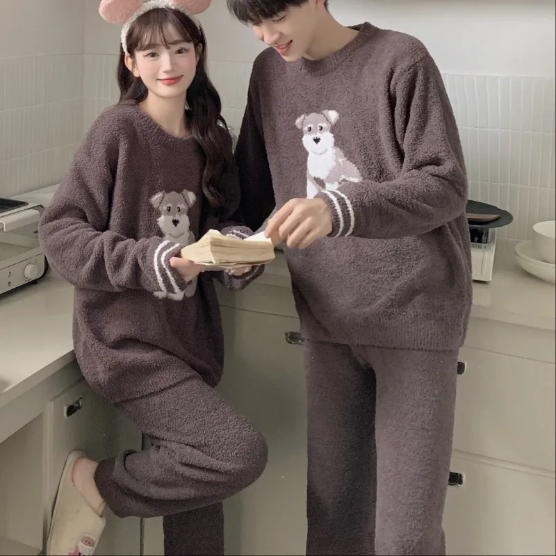 2024 New Japanese Kawaii Cartoon Dog Jacquard Women Pajamas Autumn Winter Warm Thick Warm Home Wear Long Sleeve Lounge Sets