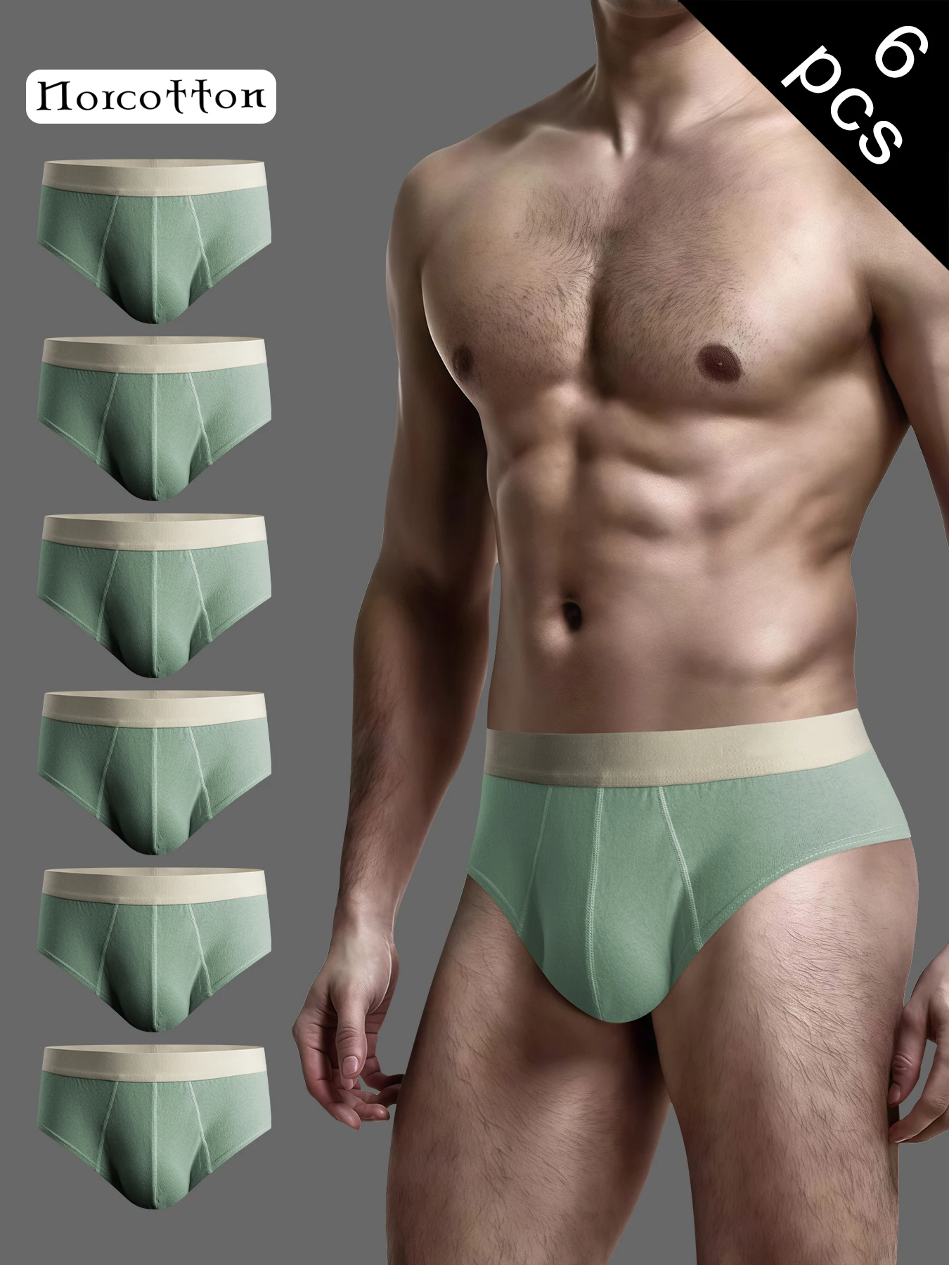 Norcotton 6-Pack Men's Green Pure Cotton Briefs, Available in Various Color Combinations, Soft, Skin-Friendly, and Breathable, Suitable for Home and Daily Commuting Wear