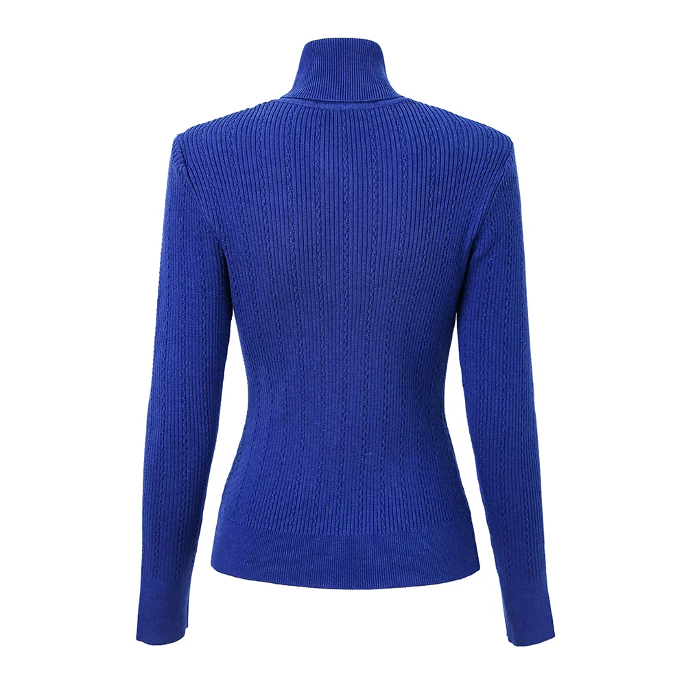 Winter Warm Pullovers Women Woolen Turtle Neck Casual Quality Royal Blue Knitting Sweater with Shoulder Pads