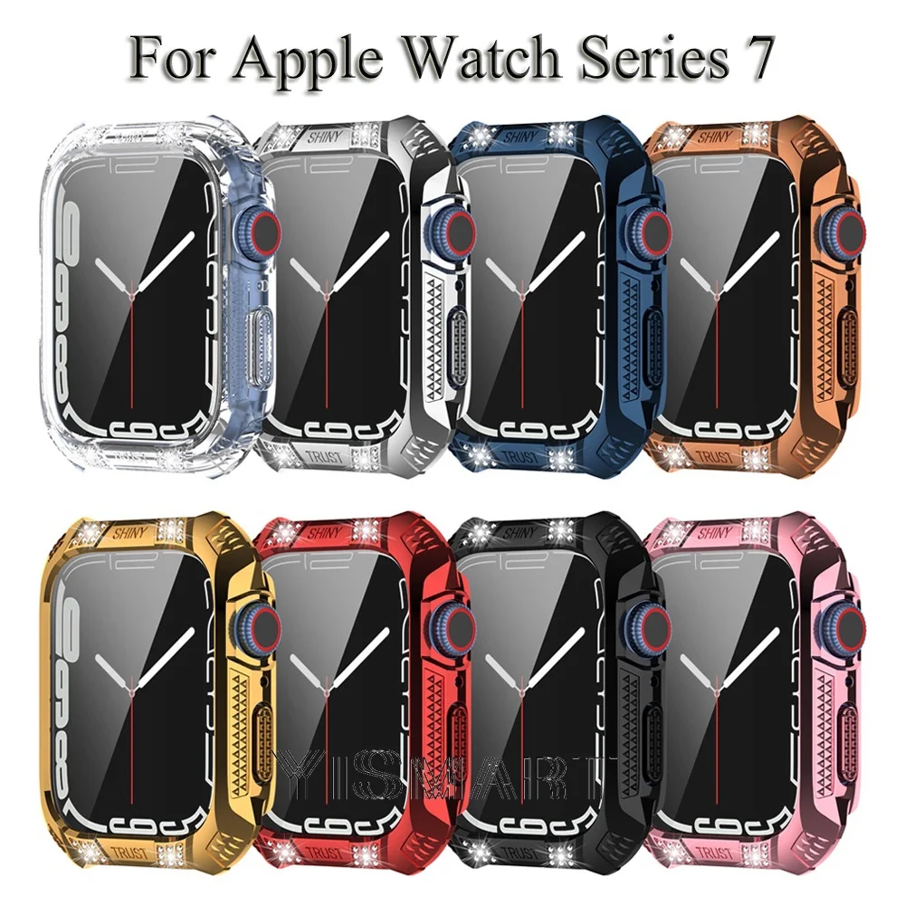 Bling Case for Apple Watch Series 7 45mm 41mm PC+Glass Screen Protector iWatch 7 Diamond Plated Cover Shockproof Bumper