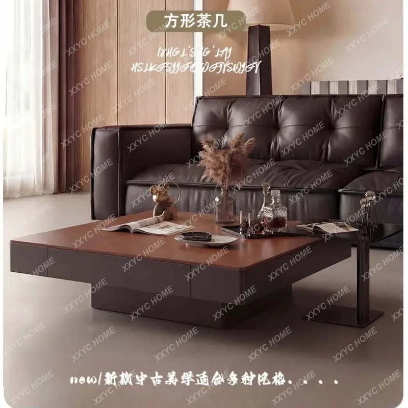 LMedieval black solid wood coffee table light luxury living room household square coffee table