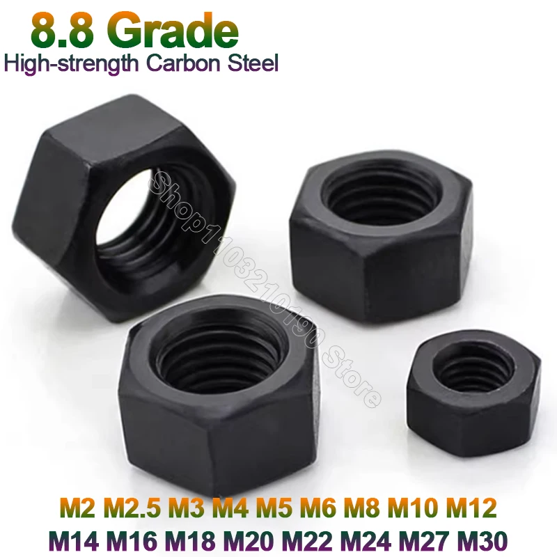 

1-100Pcs Black Hexagon Hex Nuts M2 M2.5 M3 M4 M5 M6 M8 M10 M12 M14 M16 M18 M20 M22 M24 M27 M30 Grade 8.8 Carbon Steel Nut DIN934