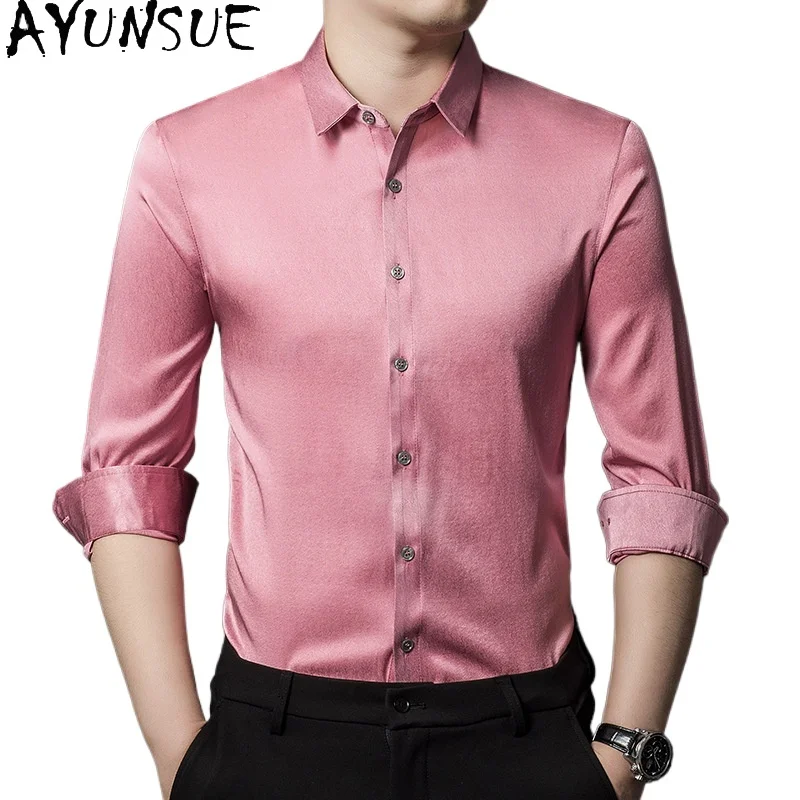 

AYUNSUE 92.5% Real Mulberry Silk Shirt for Man Spring Autumn 2026 Fashion Long Sleeve Shirts Men Jacquard Satin Tops Mens Shirt