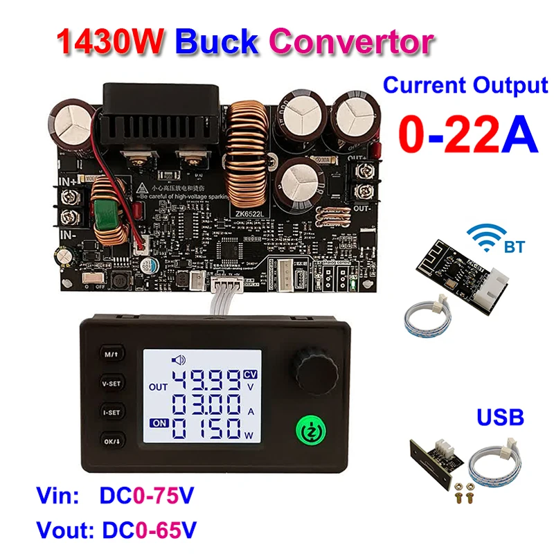 65V 22A 1430W Bluetooth Buck Converter CC CV Step-Down Module LCD APP USB Adjustable Regulated Stabilized Voltage Power Supply