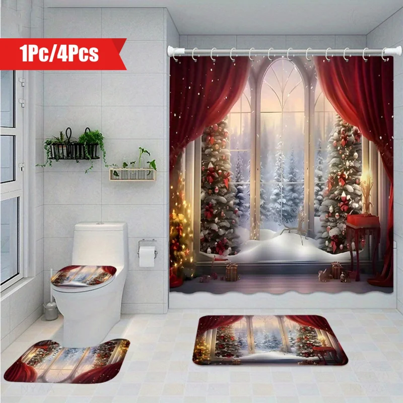 クリスマス防水シャワーカーテンセット,便座カバー,バスルームマット,滑り止めラグ,カーペット,家の装飾,12フック,1個,4個