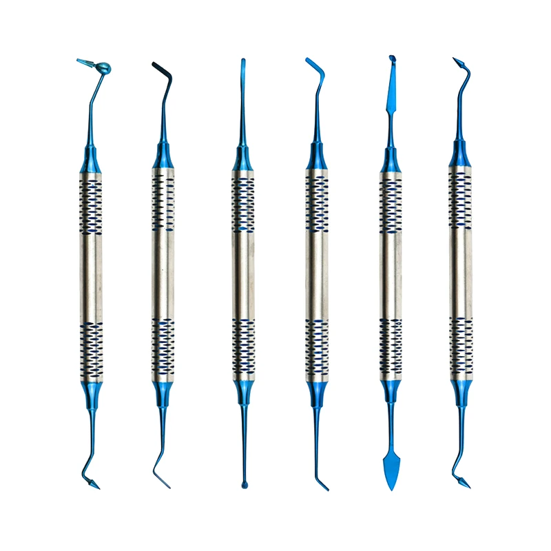 Juego de Herramientas de llenado de resina compuesta de odontología, espátula chapada en titanio, mango grueso, Material de instrumento de relleno Dental, 6 piezas