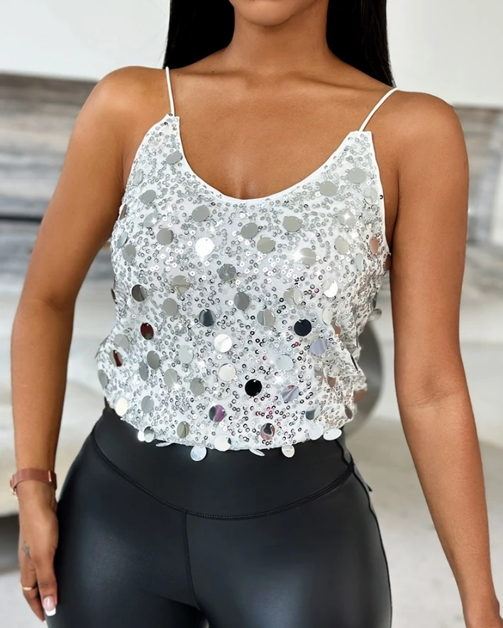 Moda mujer Casual Sexy versión completa lentejuelas cuello pico correa de espagueti chaleco 2025 Primavera/Novedad de verano ropa de mujer