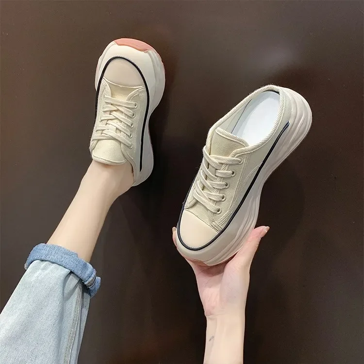 2023 Spring Autumn Women\'s Slippers Fashion Baotou Half Slippers  Wear New Style Muffin Lace-Up Casual Canvas Slippers of Women