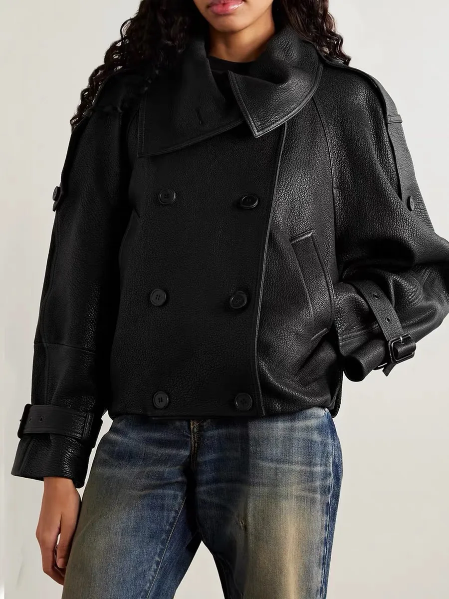 Giacca in Vera Pelle alla Moda per Donne, Moderno Cappotto Corto in Autentica Pelle di Pecora con Colletto Rialzato, Top Invernale con Risvolto