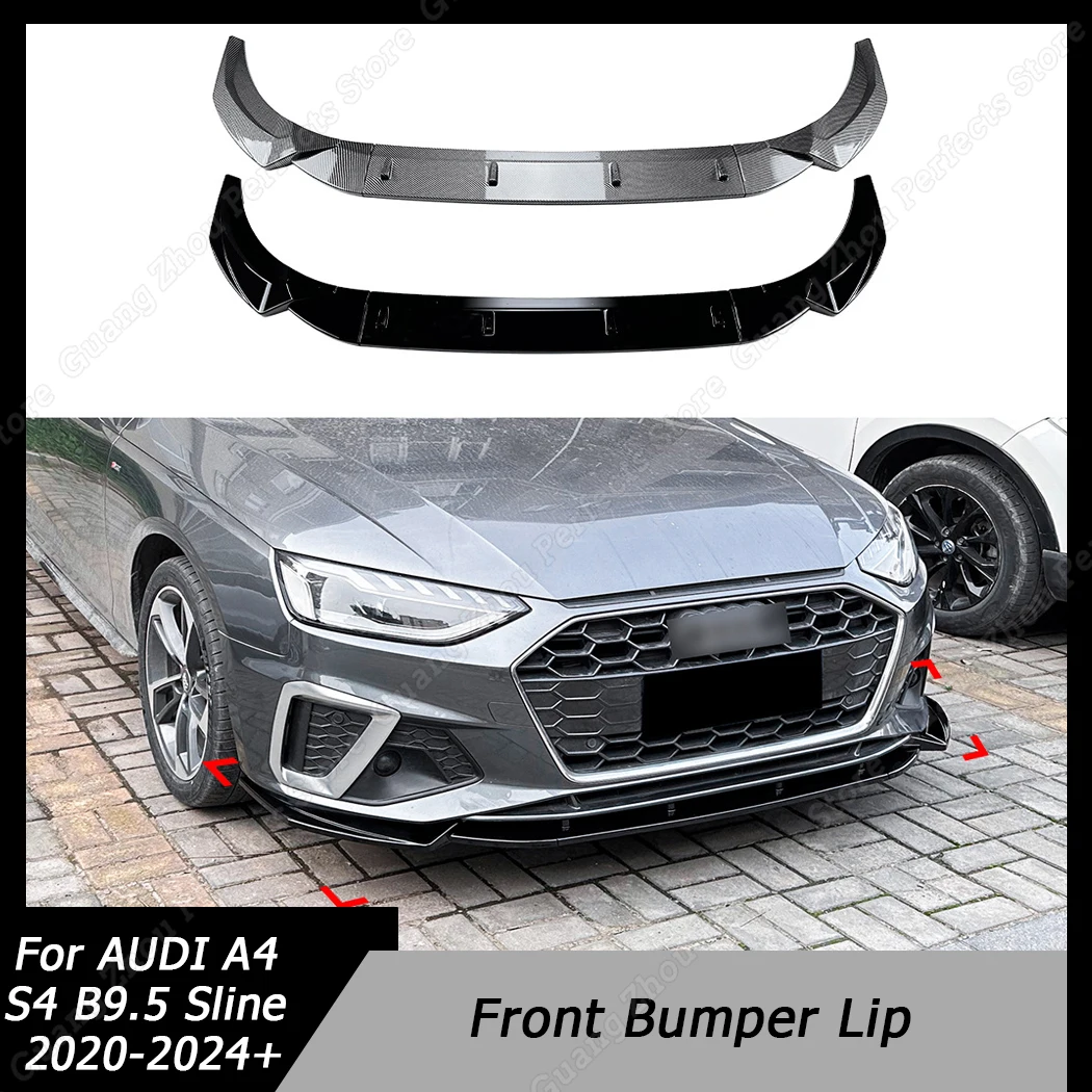 

For AUDI A4 S4 B9.5 Sline 2020-2024+ Car Front Bumper Lip Splitter Spoiler Diffuser Lip Kit Gloss Black / Carbon Look Decoration