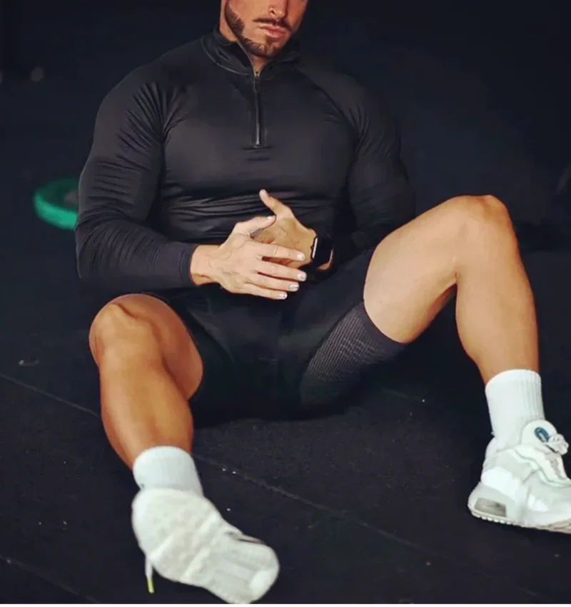 الرجال سترة اللياقة البدنية ضغط تي شيرت عادية تشغيل مطاطا كم طويل بلايز نصف البريدي عالية الرقبة ضيق التدريب تي شيرت #2