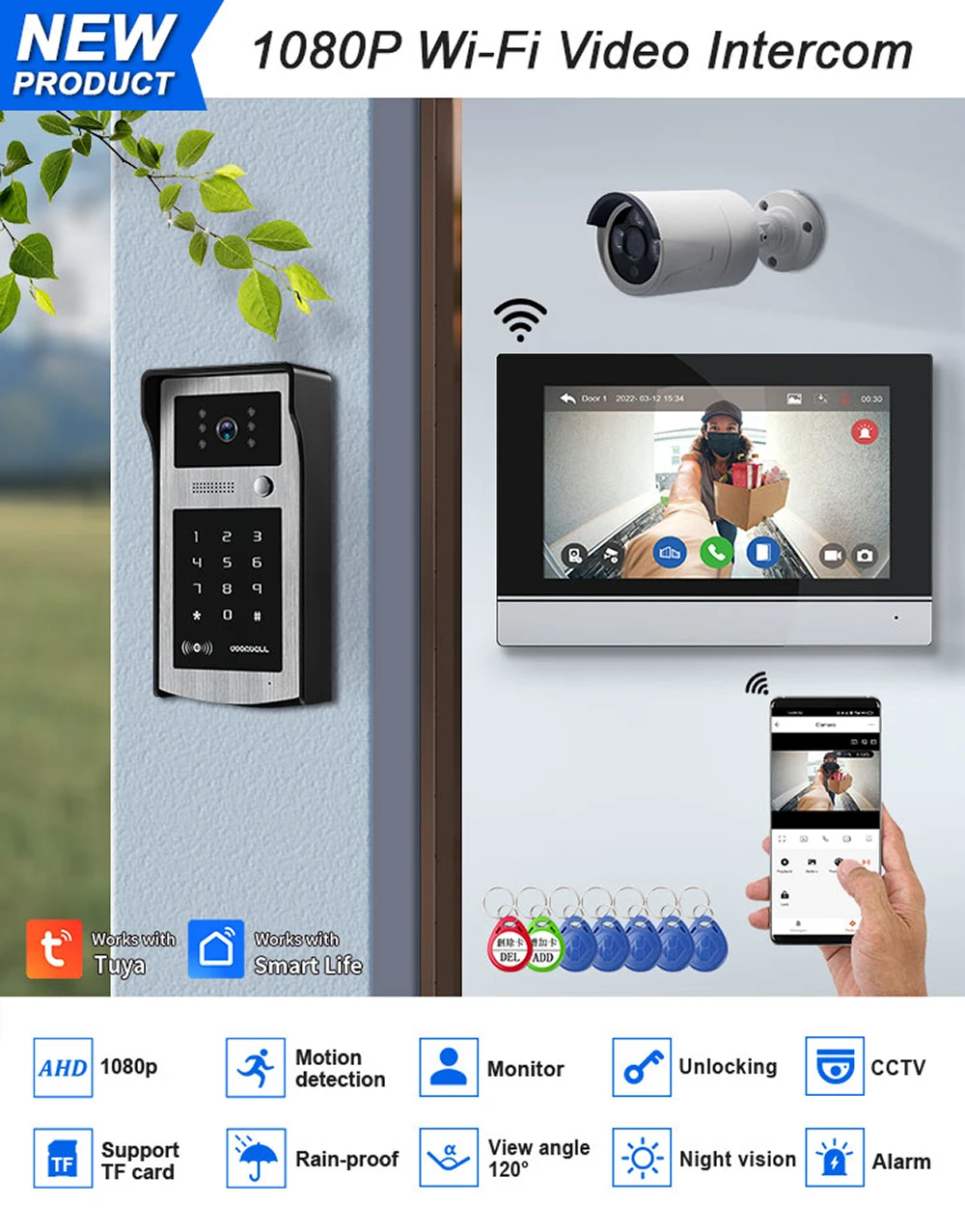 Tuya Wifi 1080P 7 Inch Touch Screen Video Intercom Doorbell Smart APP With RFID Electric Lock Password Access Control System