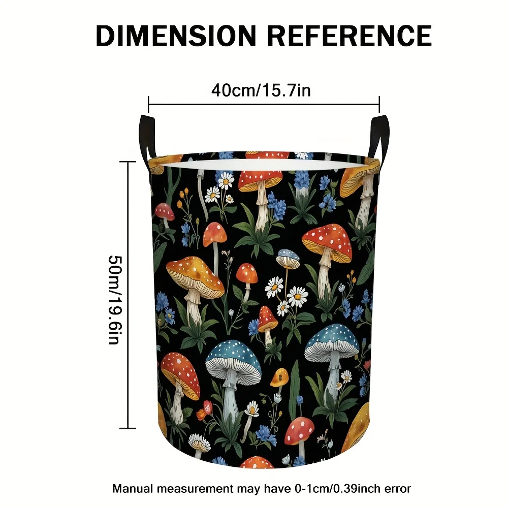 1 قطعة سلة غسيل قابلة للطي على شكل فطر ميدلي مع مقبض سلة تخزين متينة خفيفة الوزن، تصميم طباعة زهور الفطر النابضة بالحياة