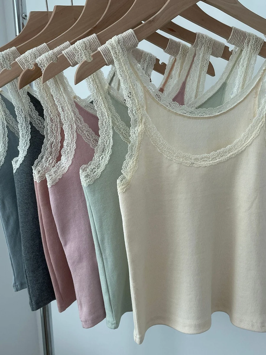 Pink Lace Trim Slim Tank Tops For Women Summer Sweet Chic Cotton Cropped Vest Preppy Style Simple Sleeveless Crop Top Camis New