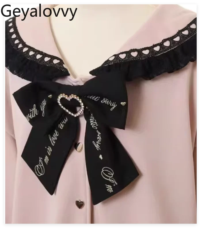 

Japanese Mines Sweet Rhinestones Straps Bows Sailor Collar Sweatshirt Jacket Women Loose Single-breasted Mid-length Hoodie Coat