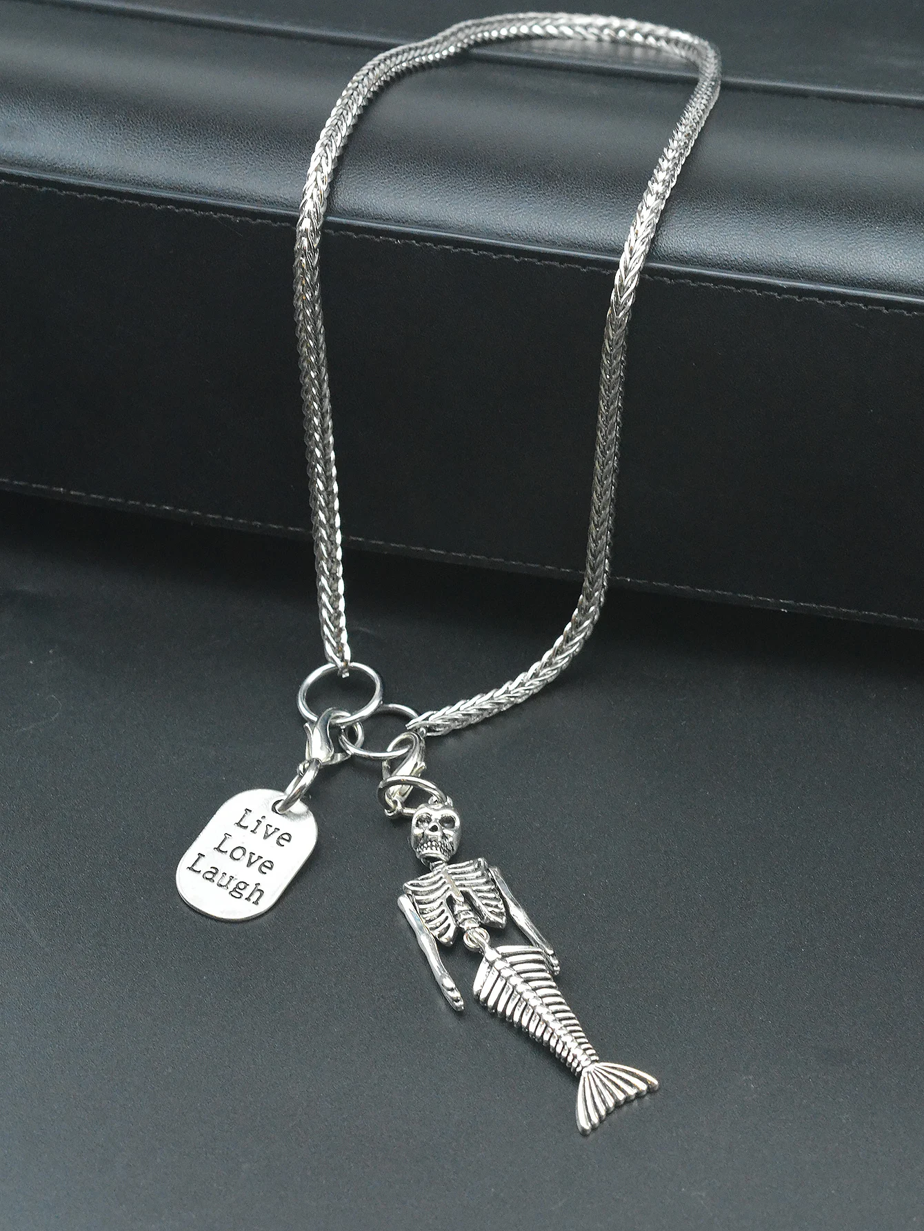 

18 inch stainless steel square foxtail chain street dance necklace choker live love laugh skeleton skull mermaid pendant