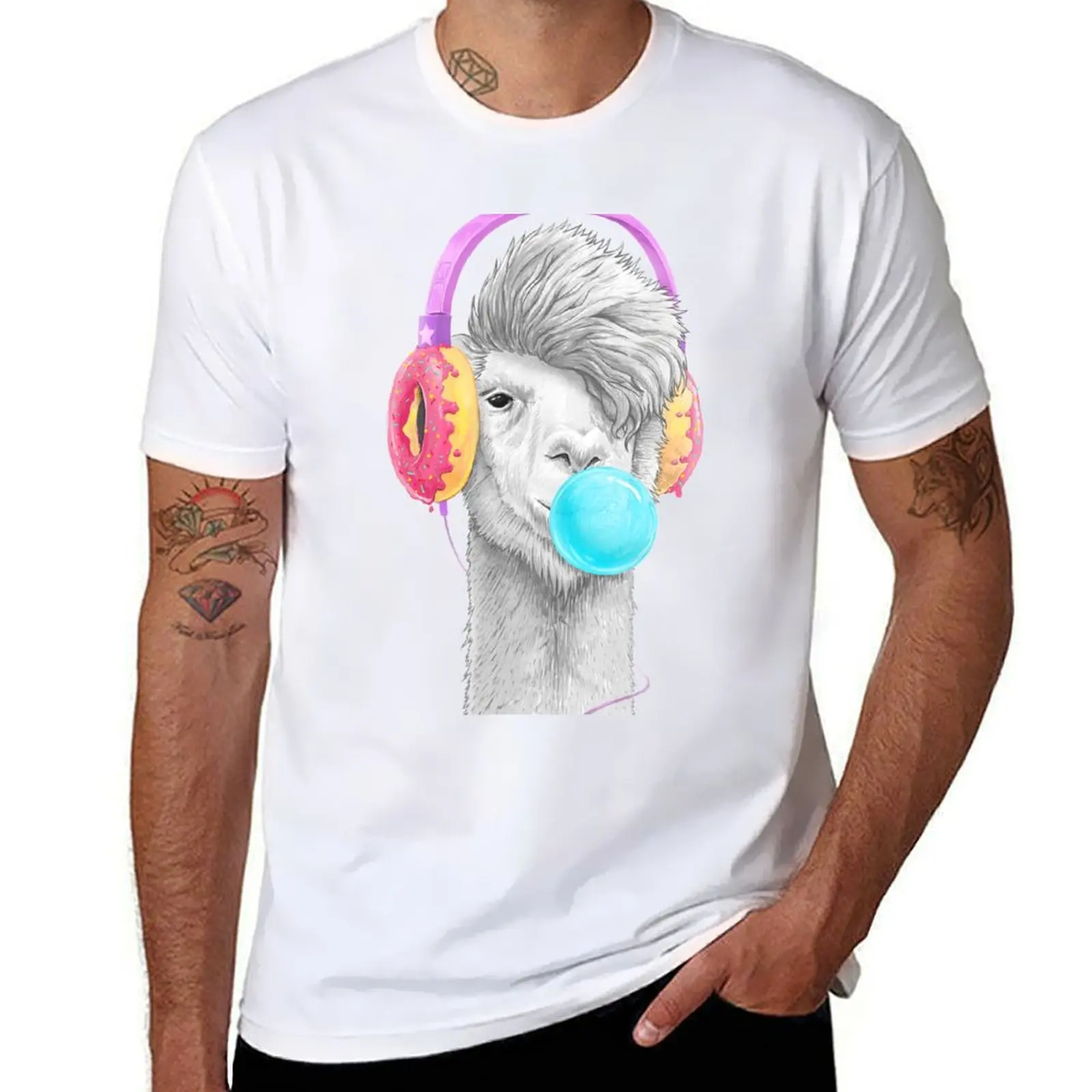 

Lama in the headphones of donuts T-Shirt t shirts cotton 100% t shirt man designer T-Shirt
