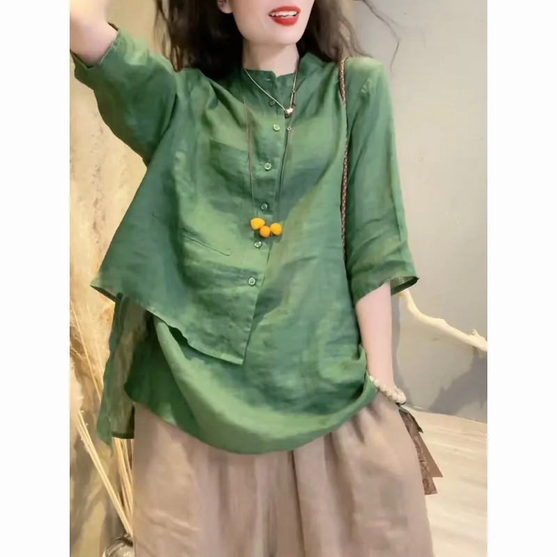 Women\'s Round Neck Pockets Cotton Linen Shirts Summer New Retro Asymmetric Three Quarter Sleeve Loose Thin Cardigan Button Tops