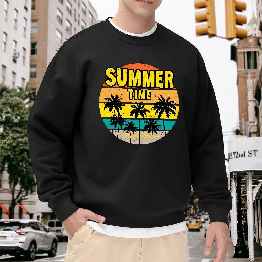 

Men's Black Crew Neck Loose Sweatshirt, Vintage Palm Tree Print Top, Casual Street Style Versatile Piece, Comfortable and Breathable for Daily Wear and Vacation