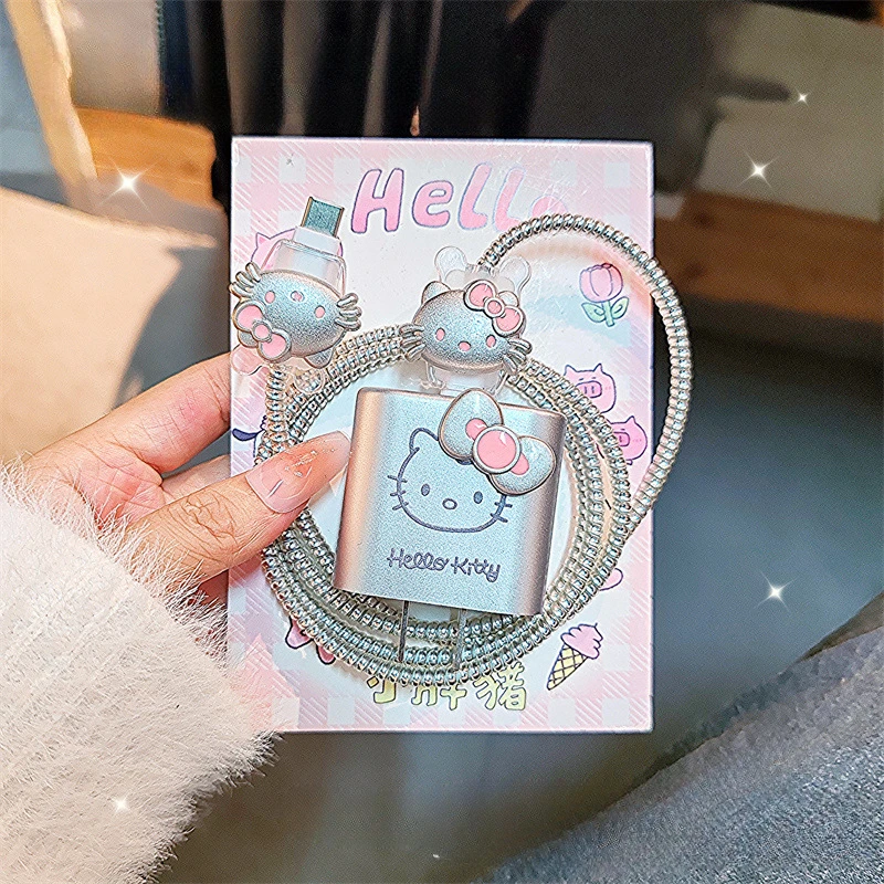 Cute Hello Kitty Charger Protective Cover Suitable for iPhone Models 12 13 14 15 Supports 18W 20W Fast Charging Cable Winder Set